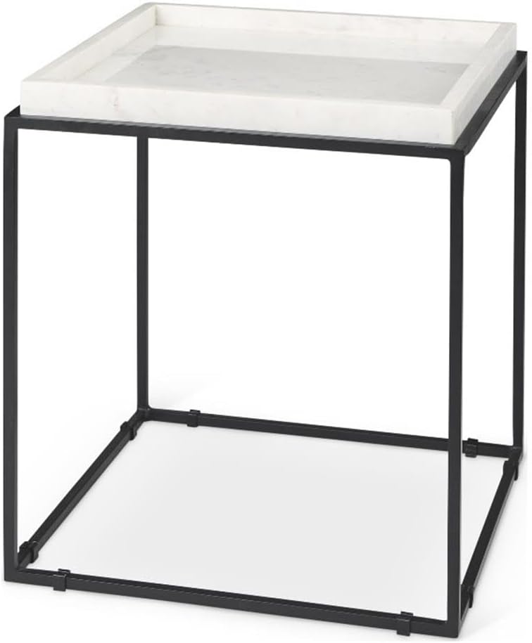 Pemberly Row Square White Marble and Black Metal End Table, 18 in x 18 in x 2...