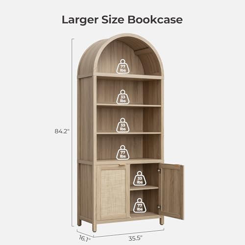 SICOTAS 84.2" Tall Arched Bookcase with Doors - 5 Tier Rattan Bookshelf