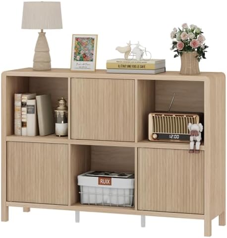 FATORRI 6 Cube Horizontal Bookshelf with 3 Doors, Modern Wood Book Shelf with...