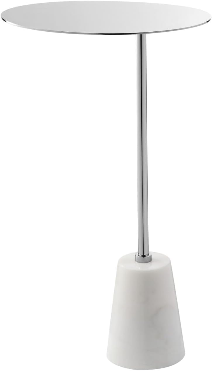 Benjara Frank 12" Drink Side End Table- Chrome Top- White Marble Solid Base