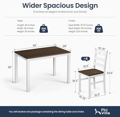 PHI VILLA Dining Table Set for 4, Solid Wood Kitchen Table and Chairs