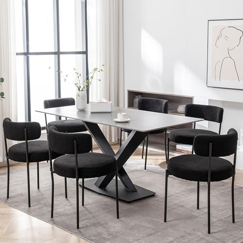 Cinxzar Black Boucle Dining Chairs Set of 6, Upholstered Dining Room Chairs w...