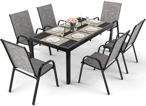 Pamapic Outdoor Dining Sets for 6, Rectangular Steel Slat Table with 6 Textil...
