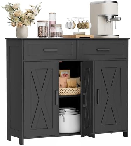 Homhedy Coffee Bar Storage Cabinet with Drawers, Kitchen Buffet Cabinet