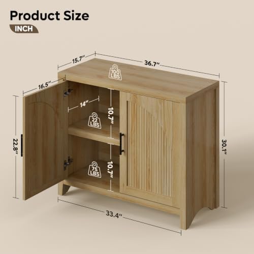 Bestier 37 "W Fluted Sideboard Buffet Cabinet with Storage, Natural Oak