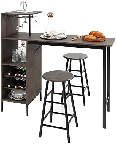 GIANTEX 3 Pieces Bar Table and Stools Set, Bistro Table Set with Glass Holder...