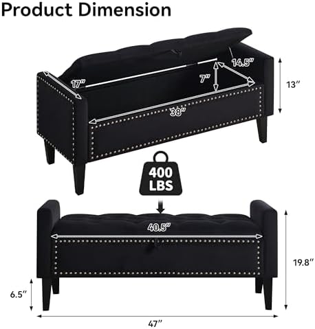 WUTUTUEE 47" Velvet Storage Bench, Upholstered Bed Bench with Storage, E...