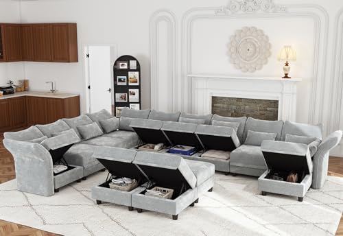 LLappuil Chenille Sectional Sofa Large U Shaped Modular Sofa with Storage Ott...