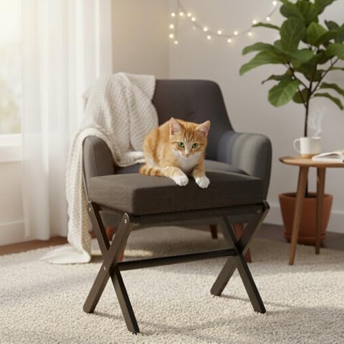 BAMBOOHOMIE Foldable Foot Stool Ottoman, Small Padded Foot Rest with Bamboo X...