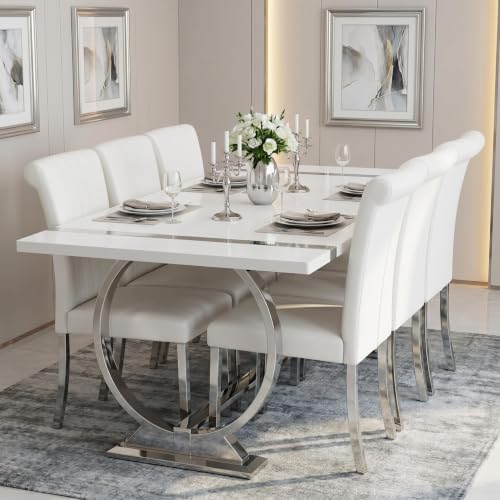 ACEDÉCOR Dining Chairs, White Leather Dining Chairs Set of 6, Upholstered Kit...