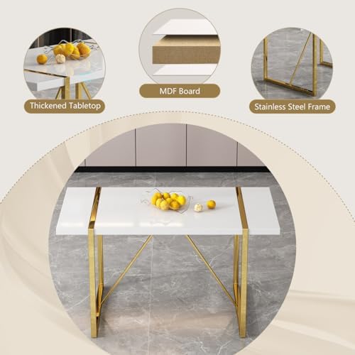 55‘’ Modern Dining Table Set for 4, White Dining Tabletop and Golden Metal Fr...