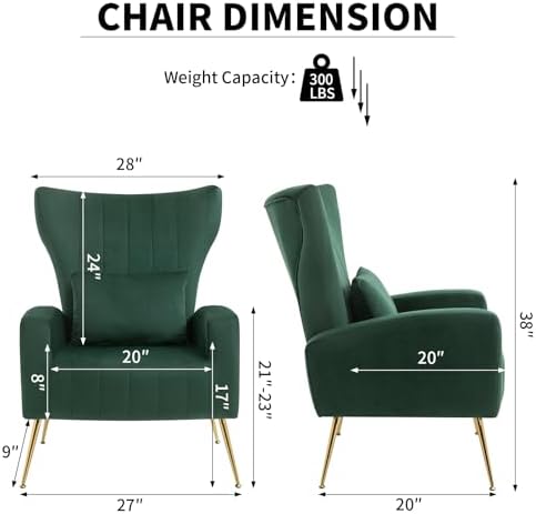 Modern Accent Chairs Set of 2, Wingback Chair with Arm & Gold Legs, Livin...