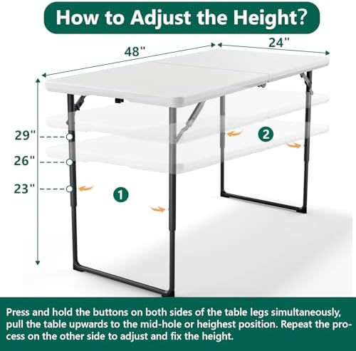 Folding Table 1 Pack, 4FT Folding Table with Adjustable Height, Heavy Duty Pl...