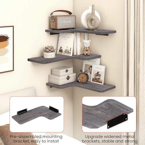 Homode Corner Shelves Wall Mounted, Set of 3 Floating Corner Shelves with Cor...