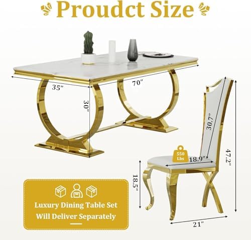 ACEDÉCOR 7 Piece Dining Table Set, Luxury White and Gold Kitchen and Dining R...