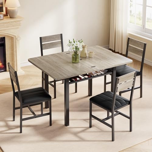 Extendable Dining Table Set for 4 with Shelf Rack&4 PU Leather Chairs Grey