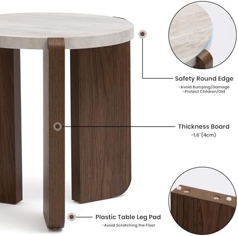 HOMPUS Farmhouse Round End Table, French Country White Bedside Table, Faux Ma...
