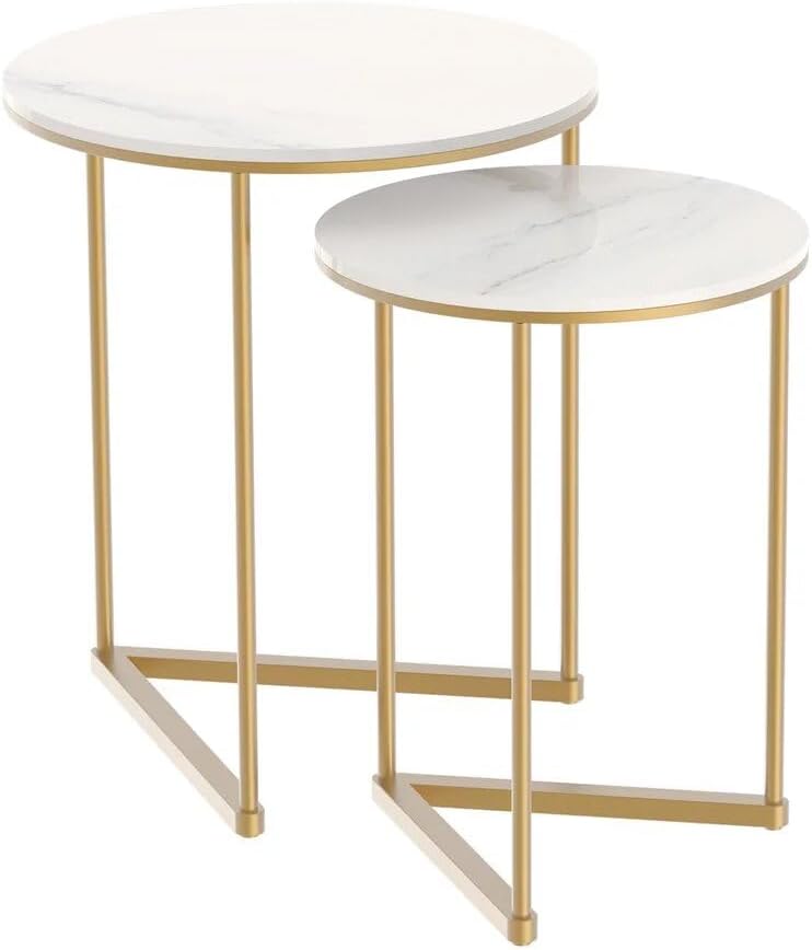 Set of 2 Modern Round Marble Metal Base Nesting Set Side Accent Table Living ...