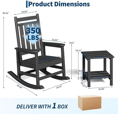 HDPE Rocking Chair Outdoor Set of 2 with Side Table, High Back Rocker | All W...