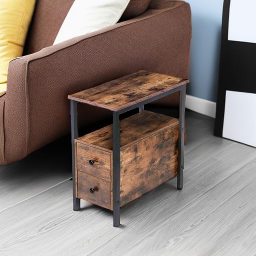 HOOBRO End Table, Narrow Chairside Table with Drawer and Open Storage Shelf, ...