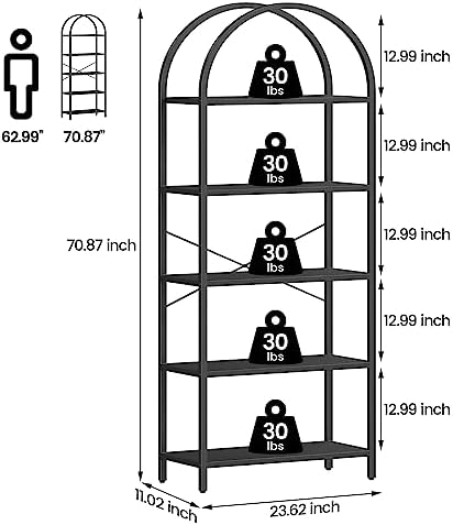 IDEALHOUSE Bookshelf 5 Tier Bookcase Arched Display Racks Tall Standing Books...