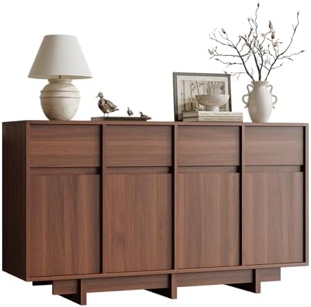 55in Walnut Buffet Cabinet, Mid Century Wood Sideboard Storage