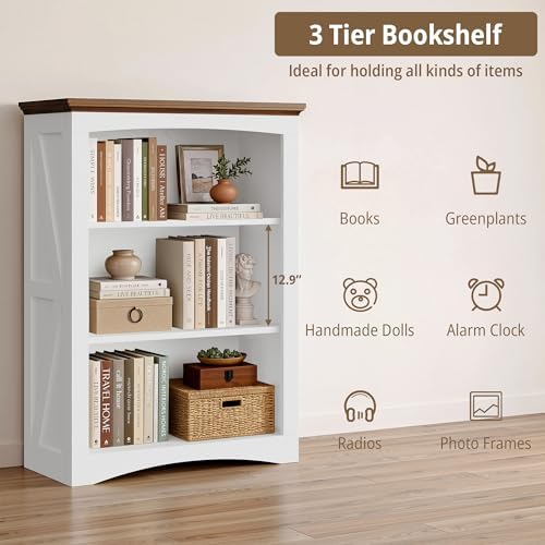 IRONCK 43" Tall 3-Tier Bookshelf, Farmhouse Bookcase White