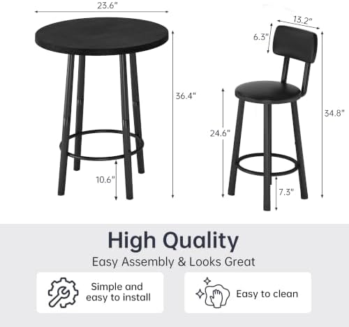 Recaceik 3‑Piece Pub Dining Set, Counter Height Modern Round Bar Table with W...