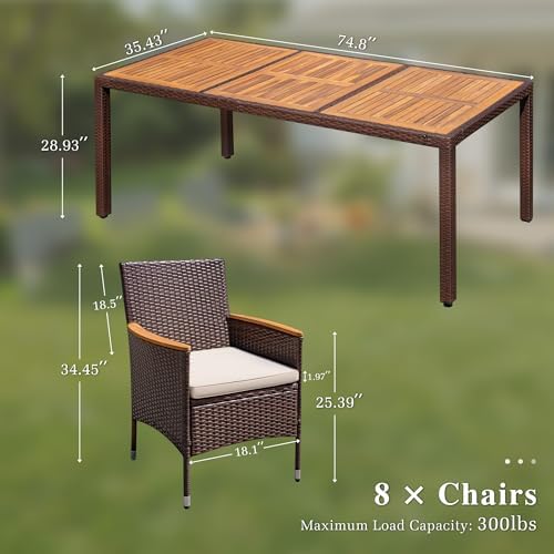 Devoko 9 PCS Acacia Wood Patio Dining Set, Brown Rattan