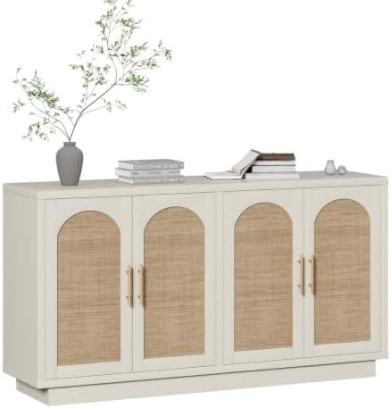 HOKYHOKY 59" Rattan Sideboard Buffet Cabinet with Storage, 4 Arched Doors
