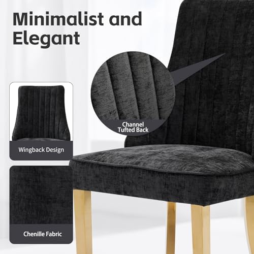 Shenyon Black Chenille Upholstered Dining Chairs Set of 4, Gold Metal Legs | ...