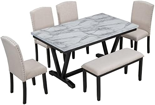 Merax Modern 6-piece Dining Table with Cushions Chairs and Bench, Elegant Din...