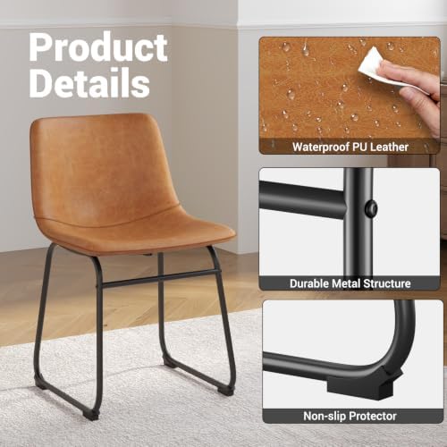Dining Chairs Set of 6, 18in PU Leather Kitchen Chair with Metal Leg, Brown