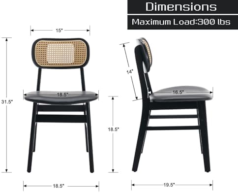 Shunzhi Rattan Dining Chairs Set of 4, Upholstered Farmhouse Dining Room Chai...