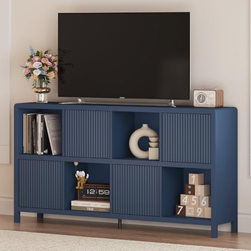 FATORRI 8 Cube Bookcase with 4 Doors, 57 Inch Wooden Bookshelf with Storage C...
