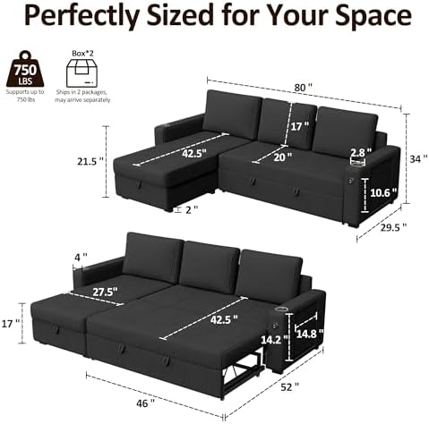 Ball & Cast 80" Sectional Sleeper Sofa Bed Pull Out Couches for Livi...