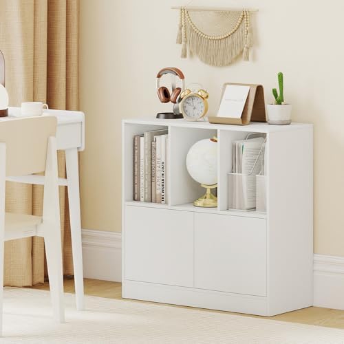 GIANTEX 3-Cube Bookcase with Doors, 3-Tier Cubic Bookshelf w/Open Compartment...