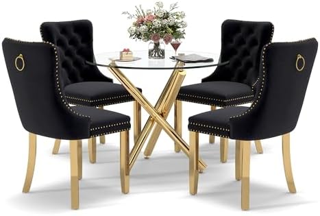 5 Pieces Gold Round Glass Dining Table Set, Modern Luxury Circle Kitchen Set ...