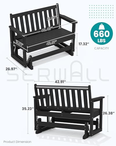 SERWALL 2 Person Patio Glider Bench, HDPE All Weather Swinging Bench, Black