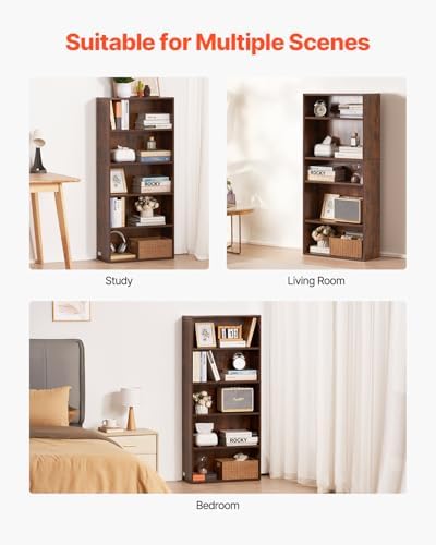 VEVOR 5 Tiers Narrow Bookshelf, 53 in Wooden Open Bookcase with Height-Adjust...