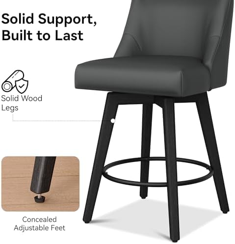 26" Counter Height Swivel Bar Stools, Set of 4, Black Grey | Faux Leathe...