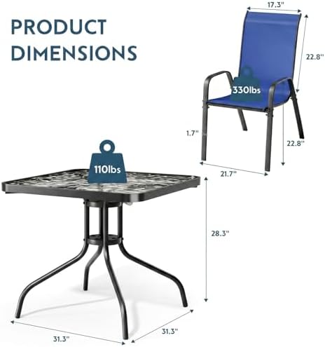 Arlopu 5 Pieces Outdoor Patio Dining Set, Glass Table and Textilene Chair
