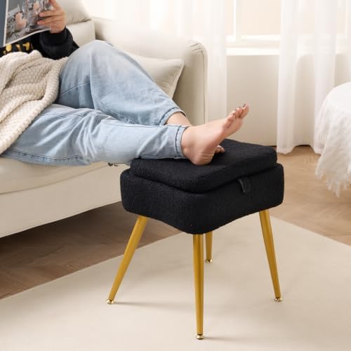 Small Vanity Chair with Storage and Foldable Backrest Black