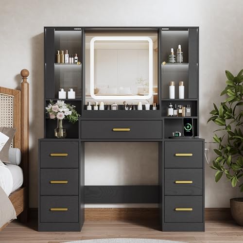 BORNOON Vanity Desk with Mirror and Lights, Makeup Vanity with 7 Drawers, 2 G...