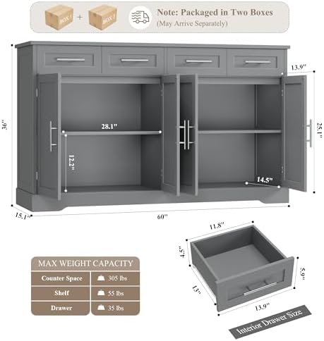 HOSTACK 60" W Sideboard Buffet Cabinet with Storage, Kitchen Cabinet, Gray