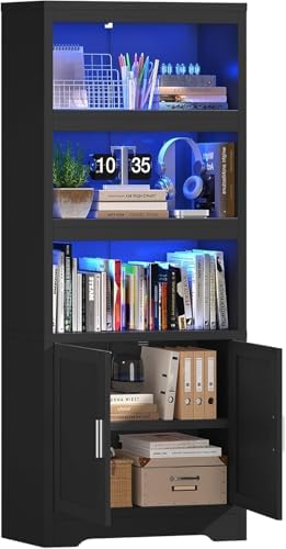 Book Shelf and Bookcase with Doors, 5-Tier Display Storage Cabinet with Adjus...