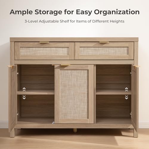 SICOTAS Rattan Sideboard Buffet Cabinet with Storage, Boho Credenza Accent