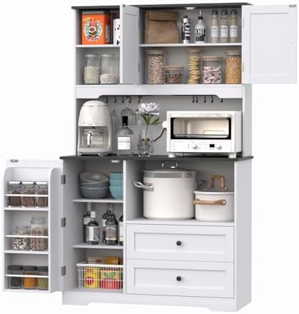 68"Tall Kitchen Pantry Storage Cabinet with Charging Station, Door &...
