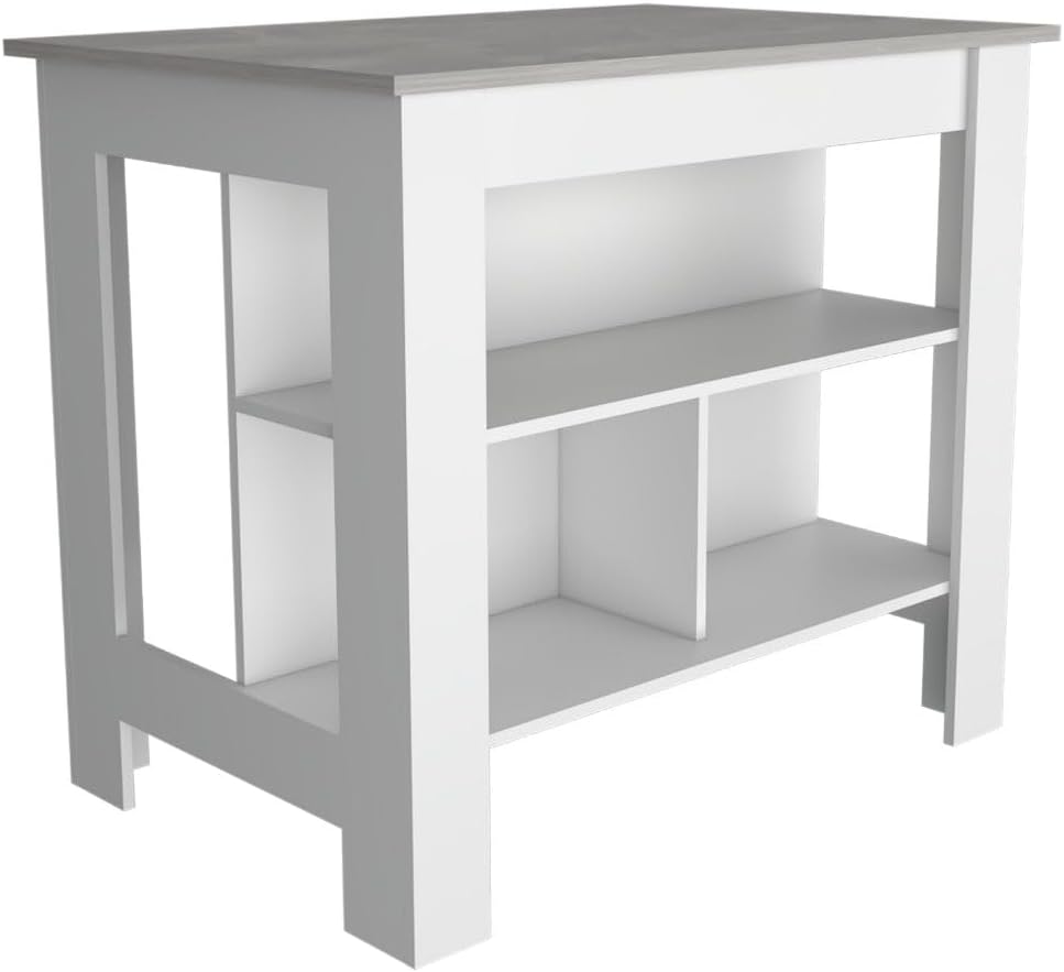 Kitchen Island with Open Shelves, White and Marble-Look Top | 3 Storage Shelv...