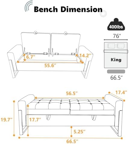 67" Storage Bench for Bedroom, End of Bed Bench King Size, Beige | Doubl...